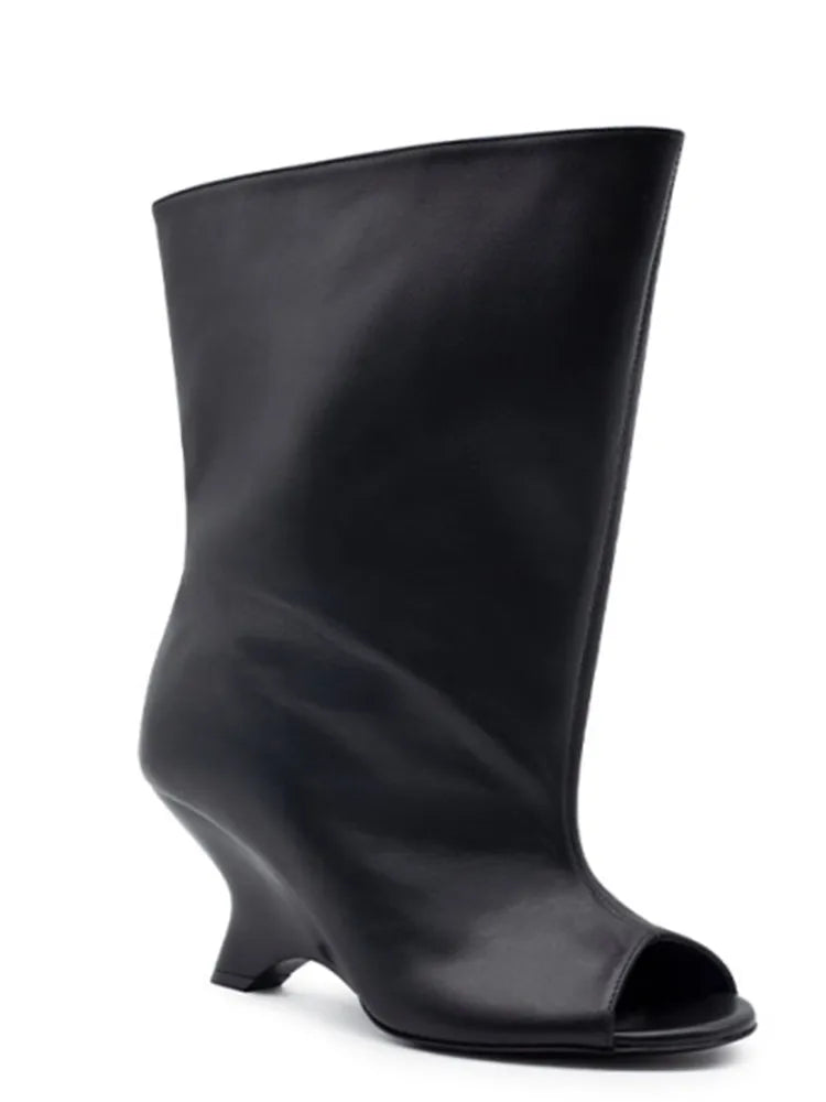 Women's Peep Toe Knee-High Boots with Slant Wedge Heel