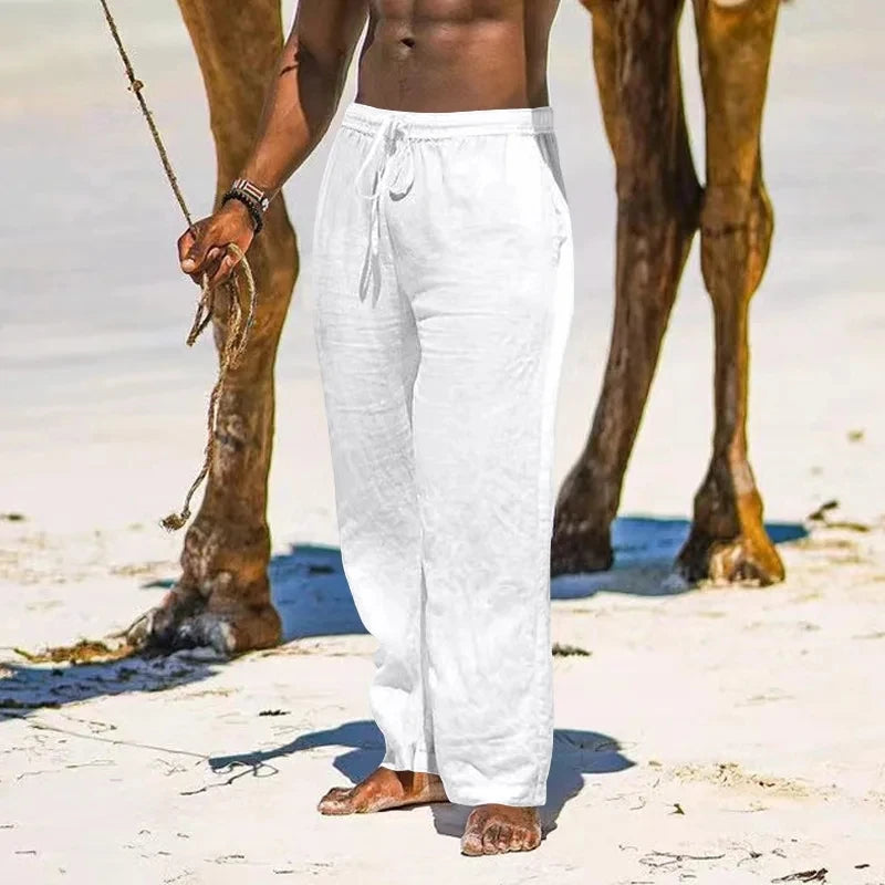Men's Cotton Linen Drawstring Pants Casual Breathable Summer Trousers