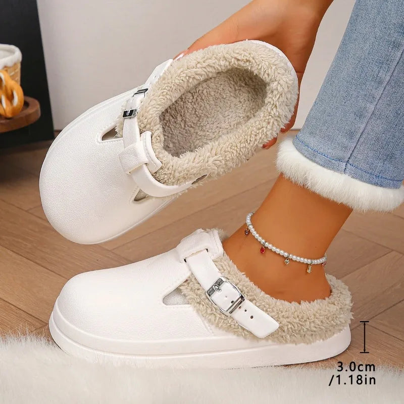 Furry Mule Slippers Women Winter Plush Warm EVA Thick Sole Metal Buckle Non-Slip