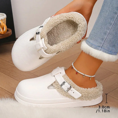 Furry Mule Slippers Women Winter Plush Warm EVA Thick Sole Metal Buckle Non-Slip