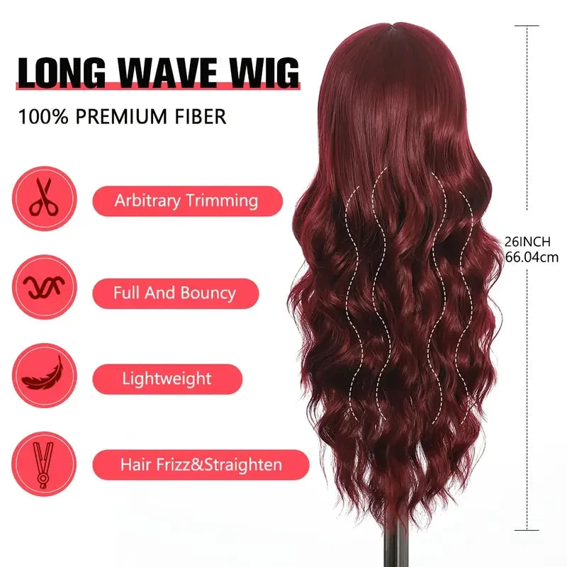 Long Wavy Synthetic Wig with Bangs – Heat Resistant Fiber