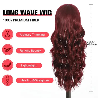 Long Wavy Synthetic Wig with Bangs – Heat Resistant Fiber