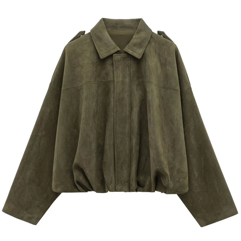 Women's Cropped Suede Bomber Jacket – Lapel Zip Racing Coat