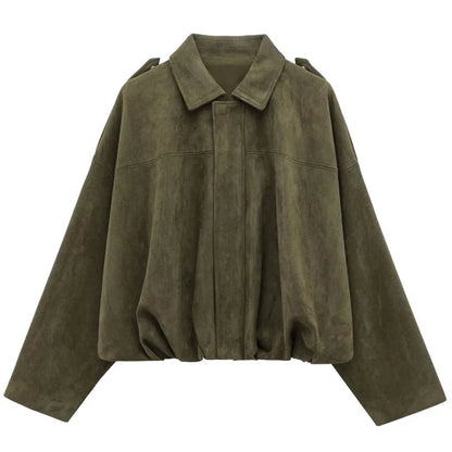 Women's Cropped Suede Bomber Jacket – Lapel Zip Racing Coat