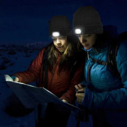 LED Beanie Hat with Headlamp – USB Rechargeable Winter Knit Cap
