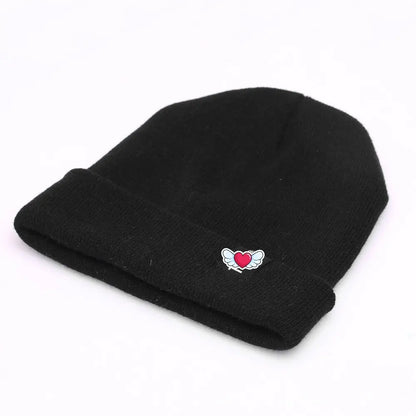 Winter Knit Beanie with Heart Wing Embroidery – Warm Cuffed Hat