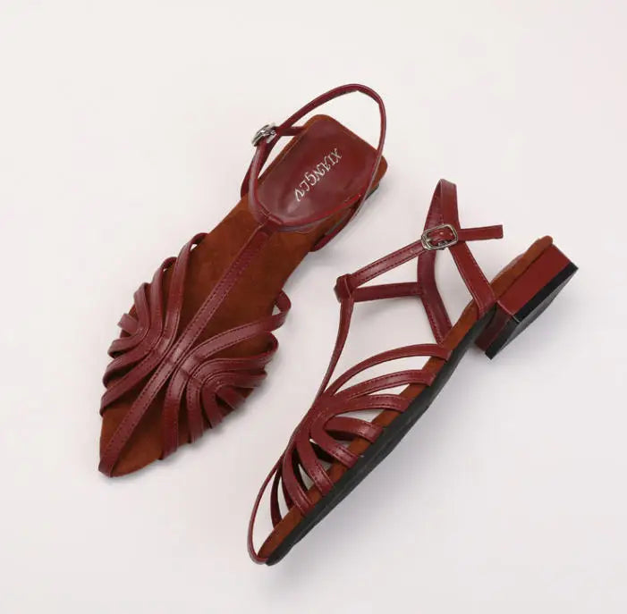 Women's Roman Strappy Sandals – Pointed Toe Low Heel T-Strap
