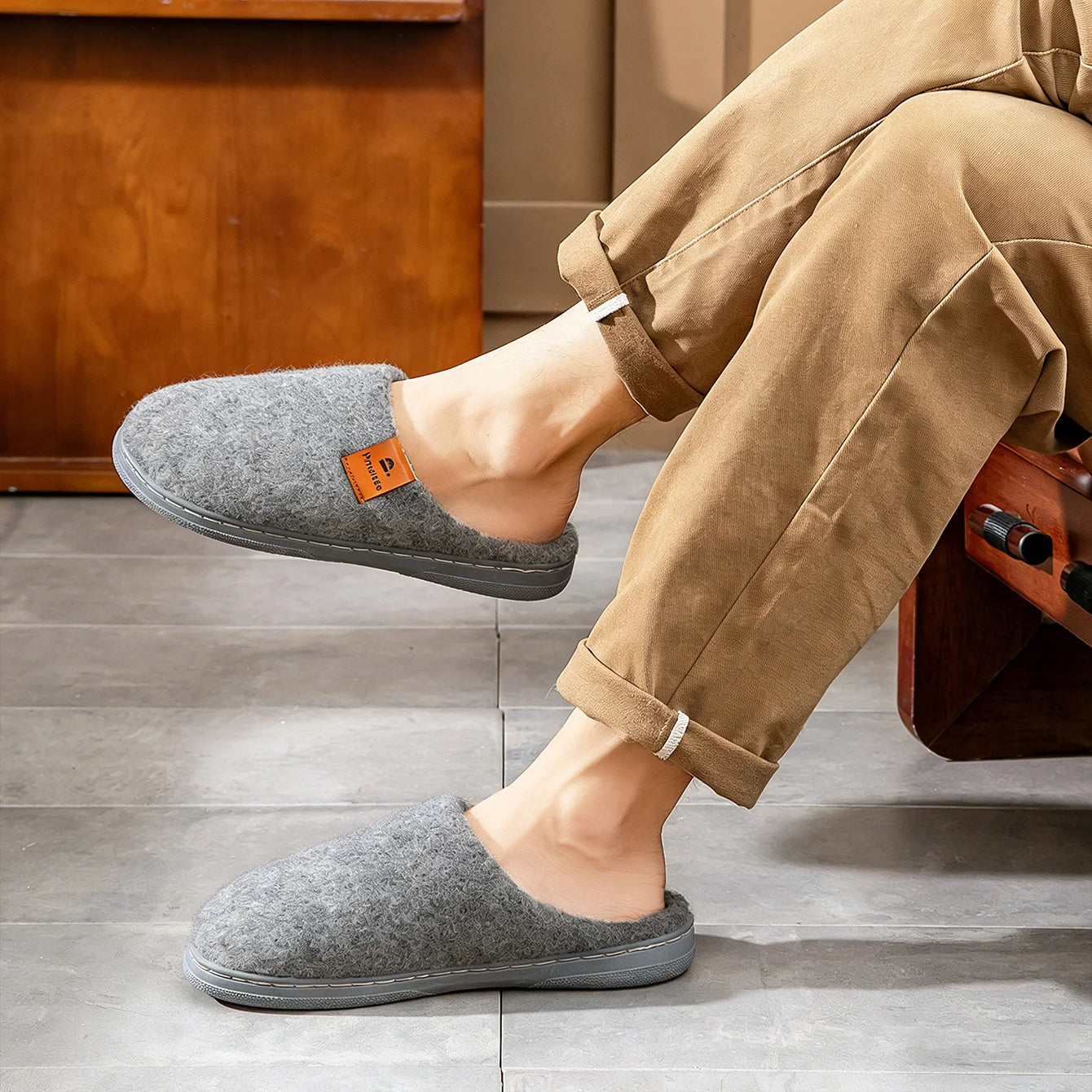 Winter Men Felt Platform House Slippers Ultra Warm Cushion Cozy Living Non-Slip Tpr Outdoor Indoor