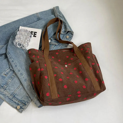 Corduroy Strawberry Print Tote Bag – Cute Shoulder Bag