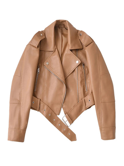 Women's Faux Leather Moto Jacket with Belt – Short Biker Style