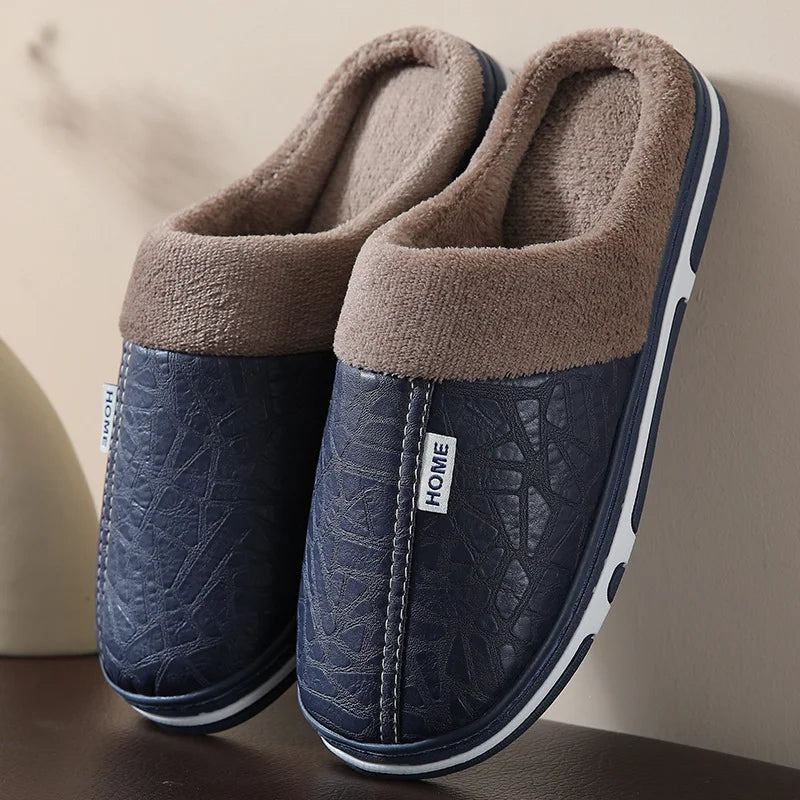Men's Waterproof Fur-Lined Winter Slippers – PU Leather House Shoes