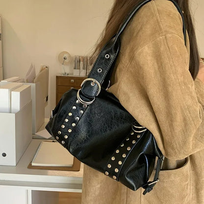 Rivet PU Leather Motorcycle Shoulder Bag – Women's Large Underarm Handbag
