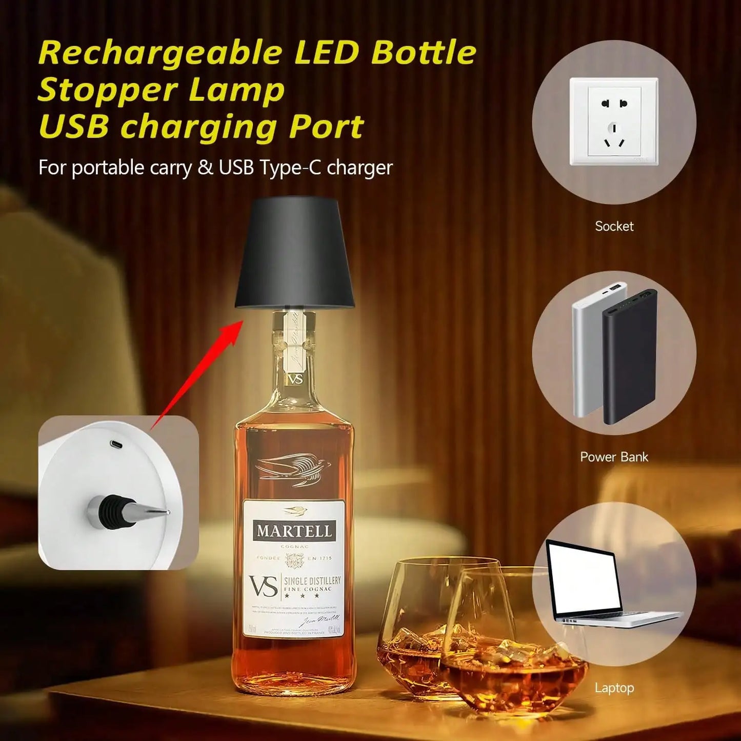 Rechargeable Wireless Led Wine Bottle Lamp Touch Dimming 3 Color Modes Cordless Lampshade Stopper