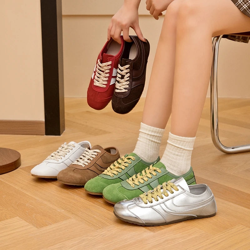 Women's Genuine Leather Retro Sneakers – Flat Lace-Up Casual Shoes