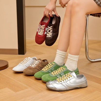 Women's Genuine Leather Retro Sneakers – Flat Lace-Up Casual Shoes