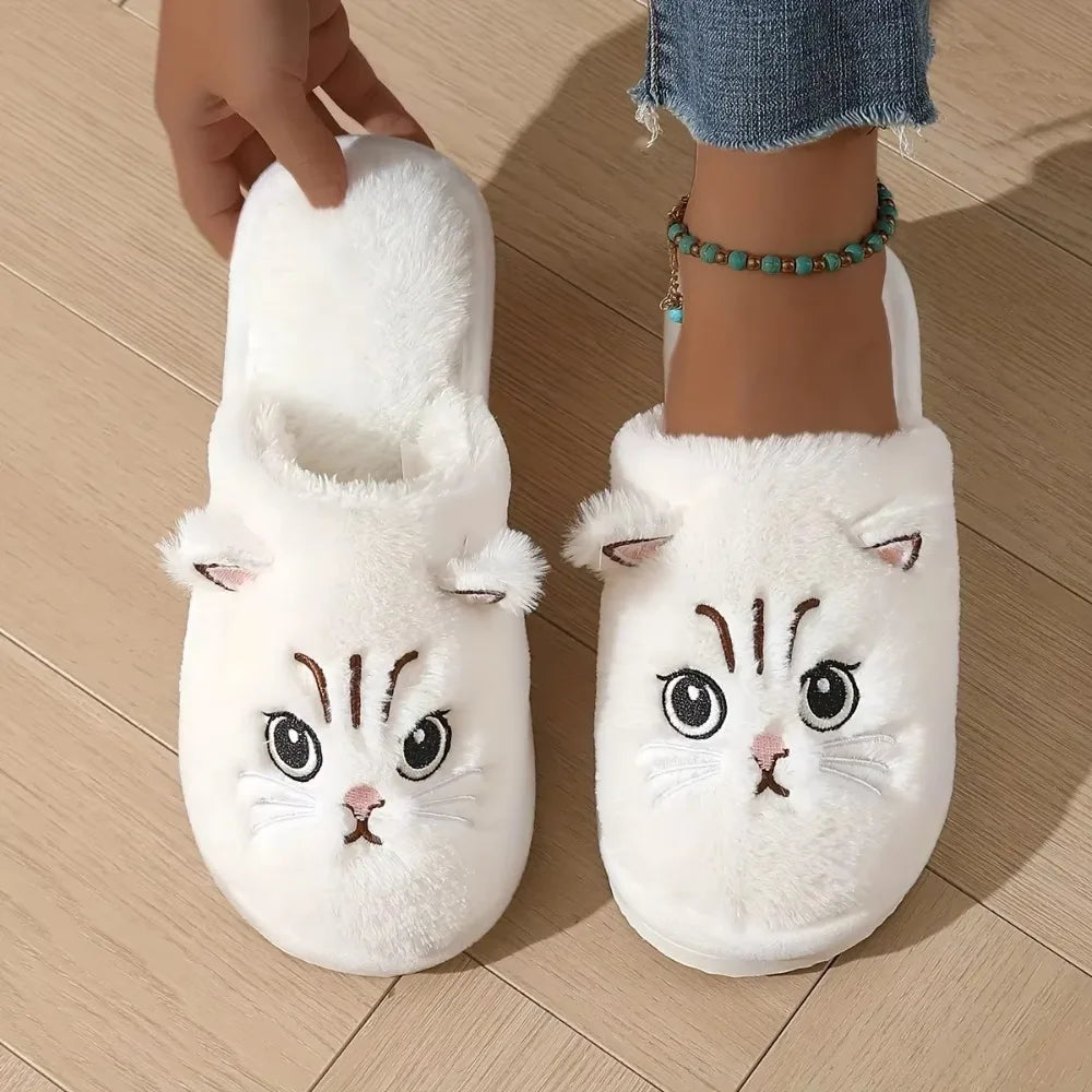 Women's Plush Cat Slippers Cozy Indoor House Shoes Non-Slip