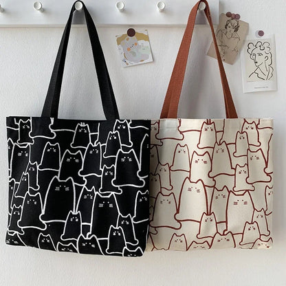 Cat Print Canvas Tote Bag – Cute Graphic Shoulder Bag for Women