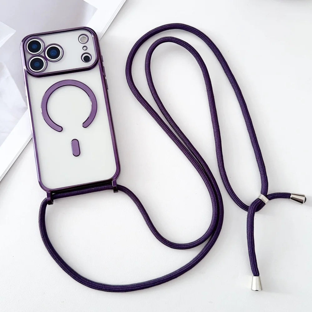 Luxury Necklace Cord Rope Lanyard Plating Magnetic Clear Phone Case Iphone 17 16 14 11 12 13 15 Pro