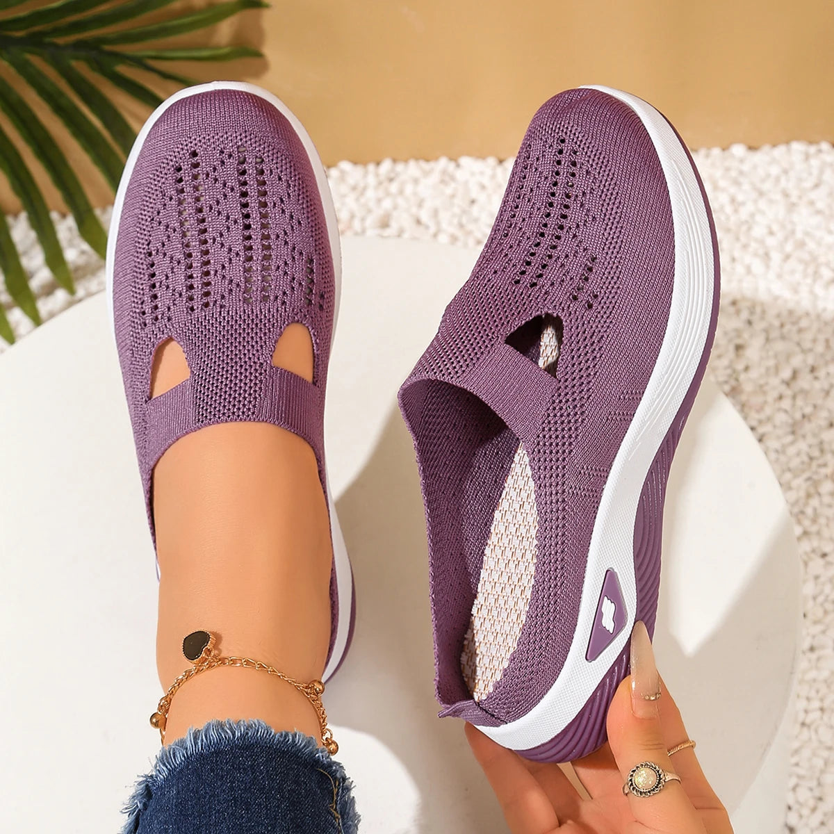Women's Slip-On Knit Mule Sneakers – Breathable Air Cushion Slippers