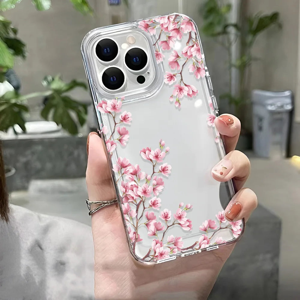 Girls Flower Clear Phone Case Iphone 16 15 14 13 12 11 Pro Max Plus Bumper Shockproof Hard Cover