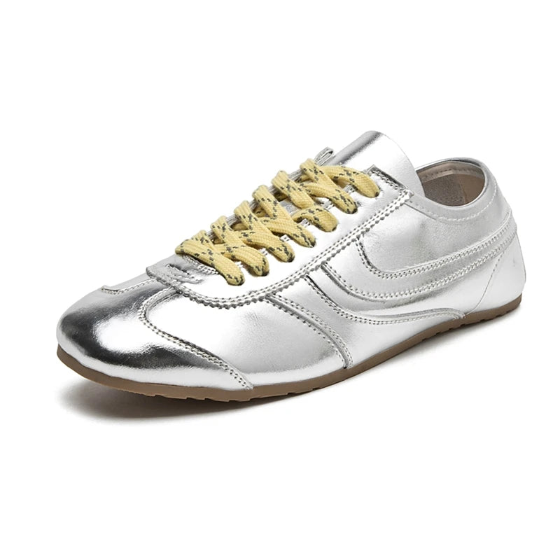Women's Genuine Leather Retro Sneakers – Flat Lace-Up Casual Shoes