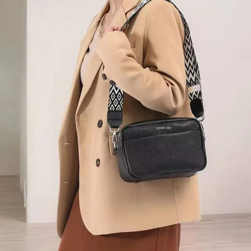 Canvas Crossbody Bag with Wide Patterned Strap – Unisex Camera Purse
