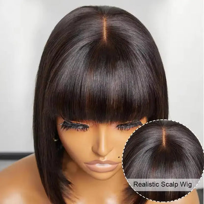 Bob Wig with Bangs Human Hair – 2x1 Lace Closure Straight Short Wig Realistic Scalp