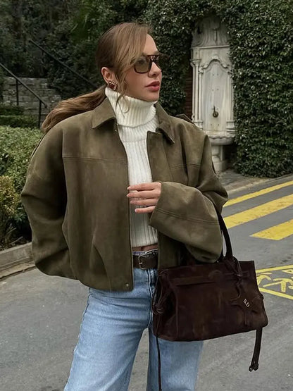 Women's Suede Bomber Jacket – Vintage Loose Zip-Up Coat with Lapel Collar
