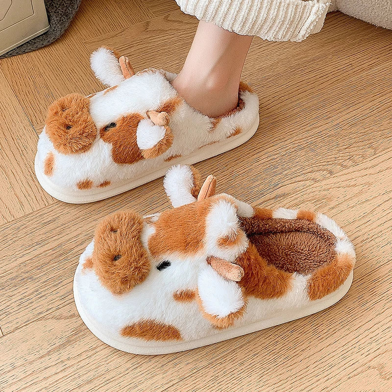 Cute Cow Fluffy Slippers for Women – Fuzzy Plush House Slides