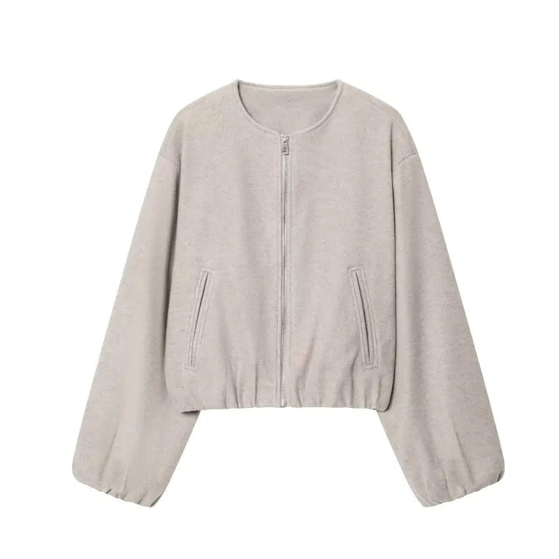 Women's Loose Cropped Bomber Jacket – Zip-Up Long Sleeve Coat