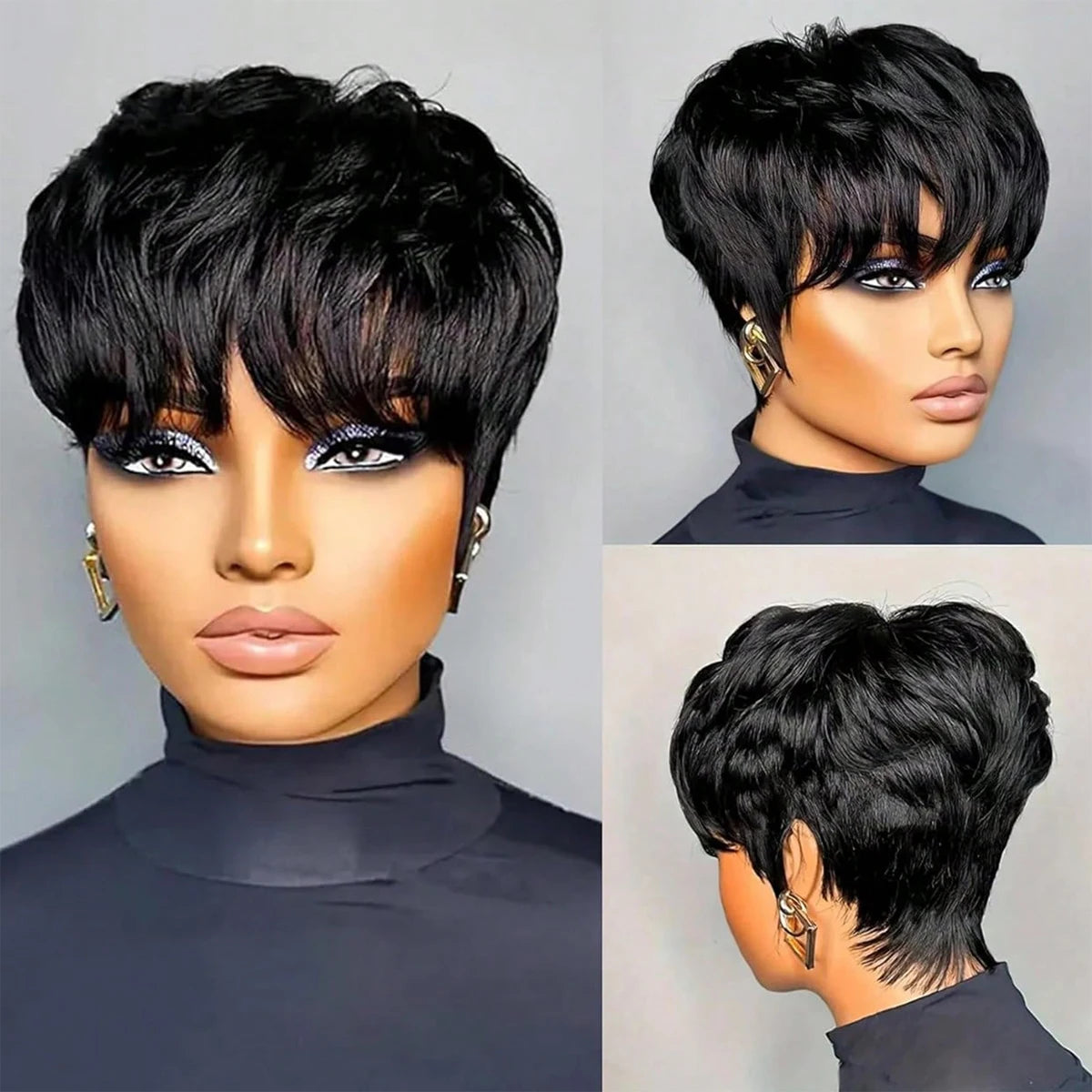 Pixie Cut Bob Wig with Bangs – Natural Black Short Straight Wig for Women