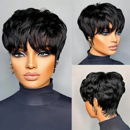 Pixie Cut Bob Wig with Bangs – Natural Black Short Straight Wig for Women