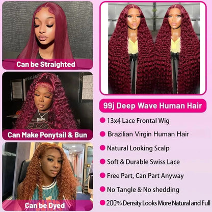 13x4 HD Lace Front Wig Burgundy 99J Deep Wave Curly Human Hair