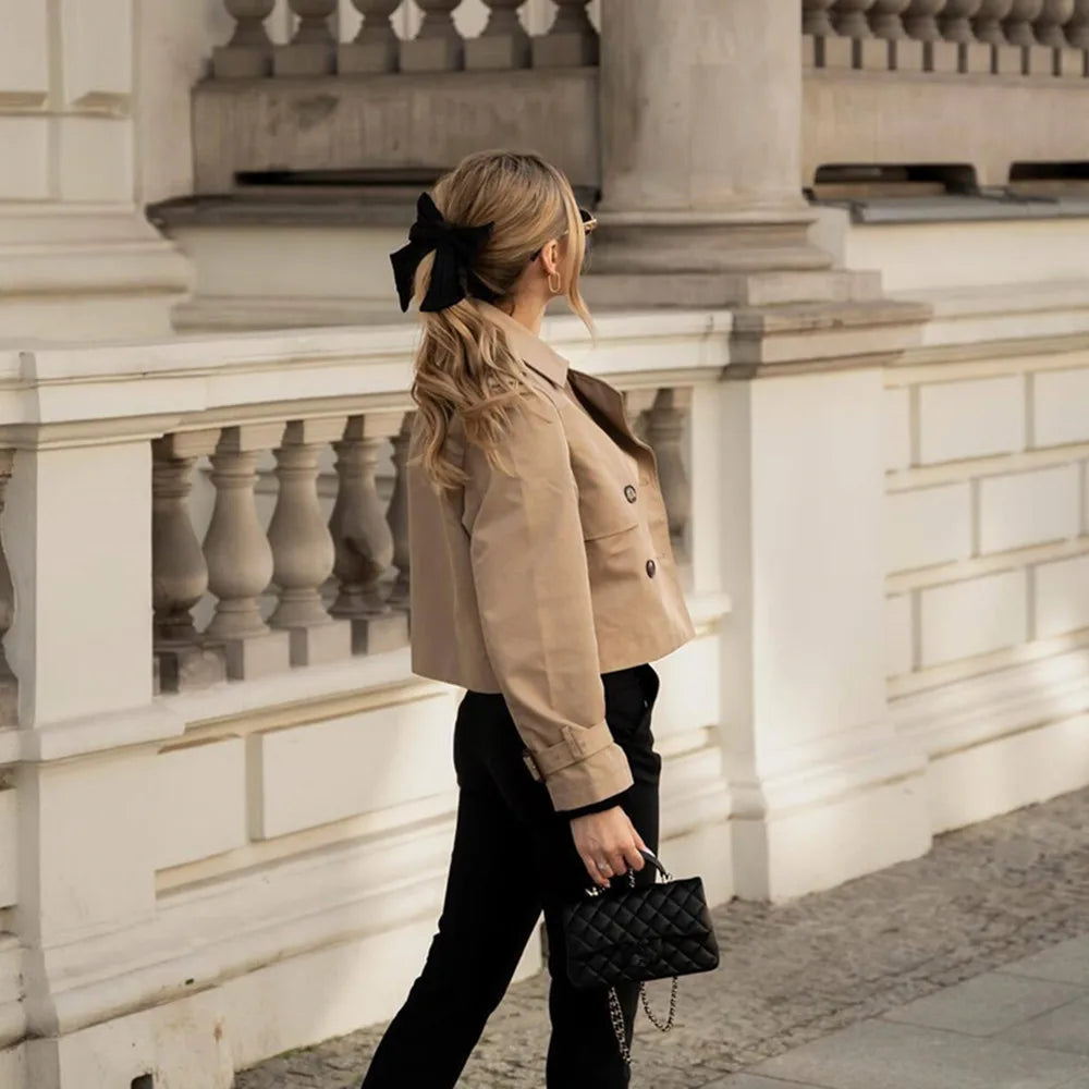 Cropped Trench Coat Women – Vintage Double Breasted Short Jacket
