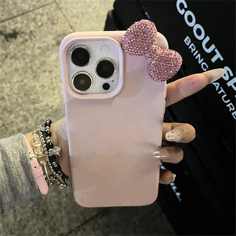 Rhinestone Bow Litchi Pattern Leather iPhone Case