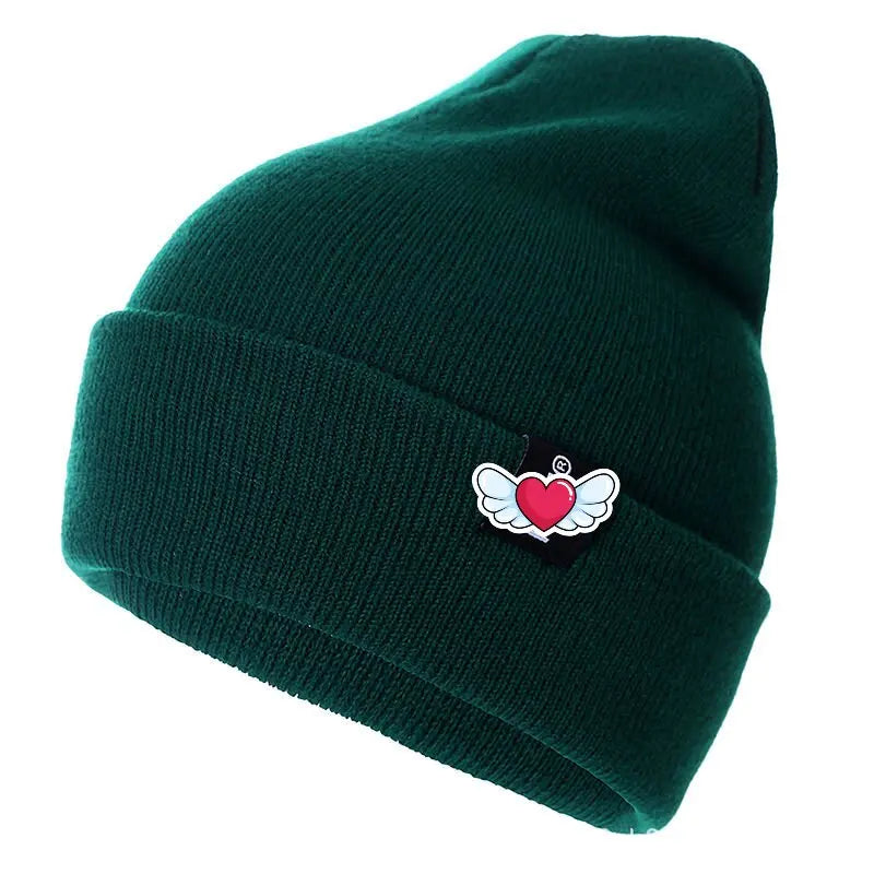 Winter Knit Beanie with Heart Wing Embroidery – Warm Cuffed Hat