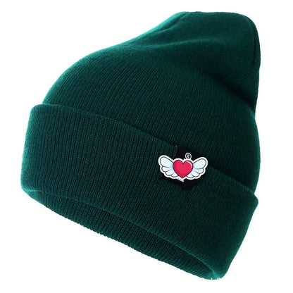 Winter Knit Beanie with Heart Wing Embroidery – Warm Cuffed Hat