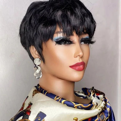 Brown Short Pixie Cut Wig Human Hair Black Women Machine Made Wigs Bangs Colored Brazilian