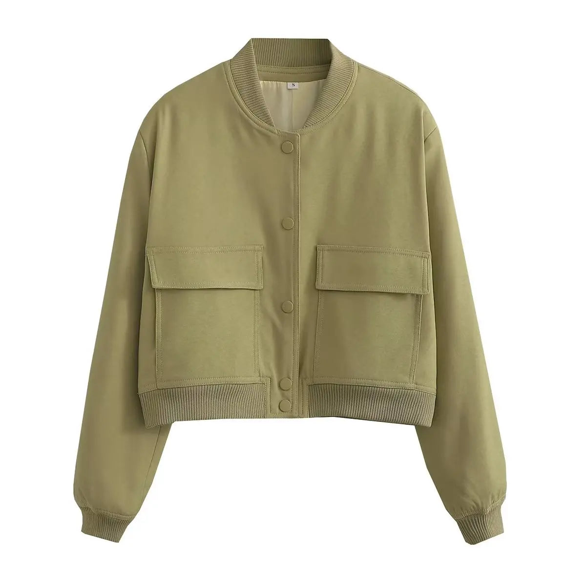 Women's Cropped Bomber Jacket with Pockets – Single Breasted