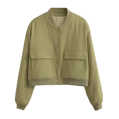 Women's Cropped Bomber Jacket with Pockets – Single Breasted