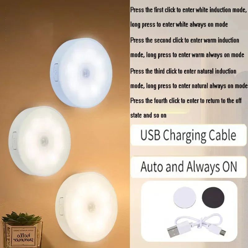 2 6 Pack Motion Sensor Led Night Light Usb Rechargeable 3 Color Lamp Cabinet Wardrobe Staircase
