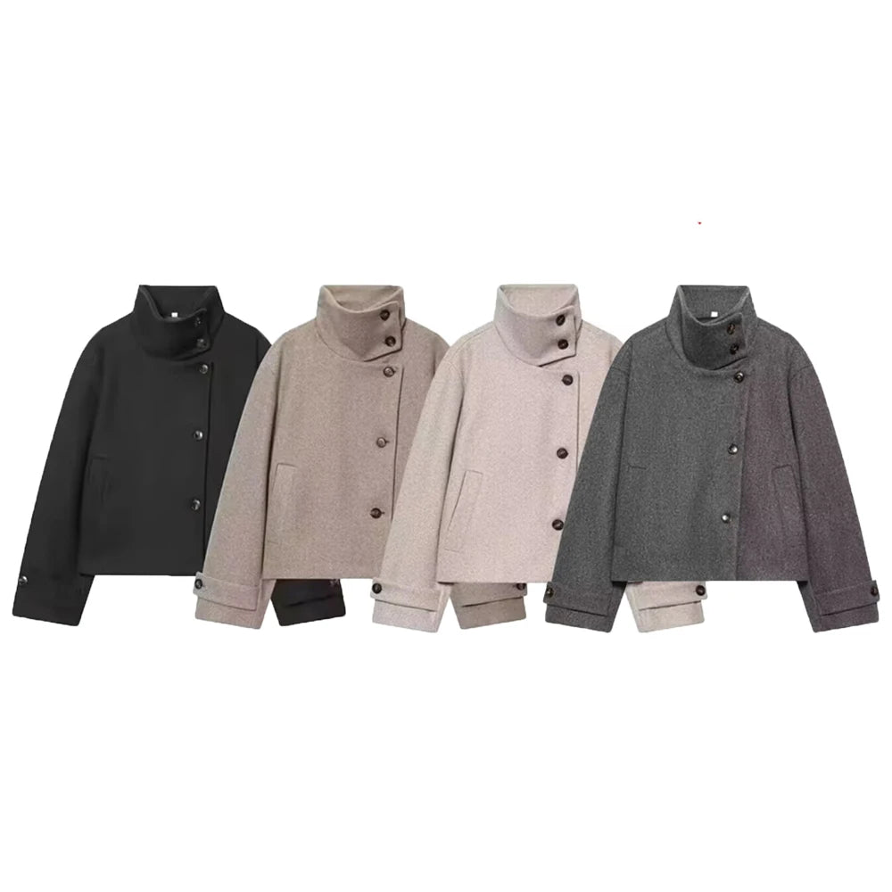 Women's Stand Collar Button Wool Blend Short Coat – Loose Casual Winter Jacket