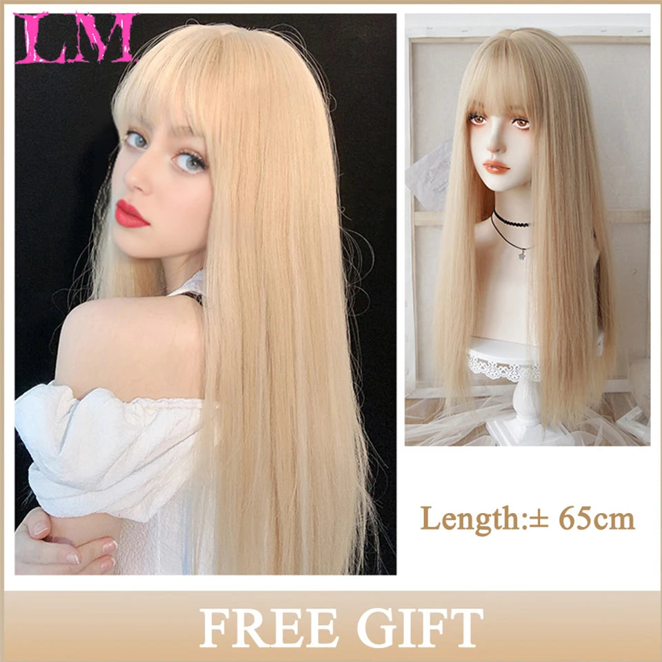Lm Cosplay Wig Bangs Synthetic Straight Hair 24 Inch Long Heat-Resistant Pink Women