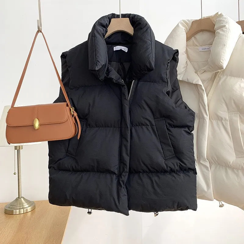 Women's Puffer Vest – Sleeveless Stand Collar Down Coat with Belt