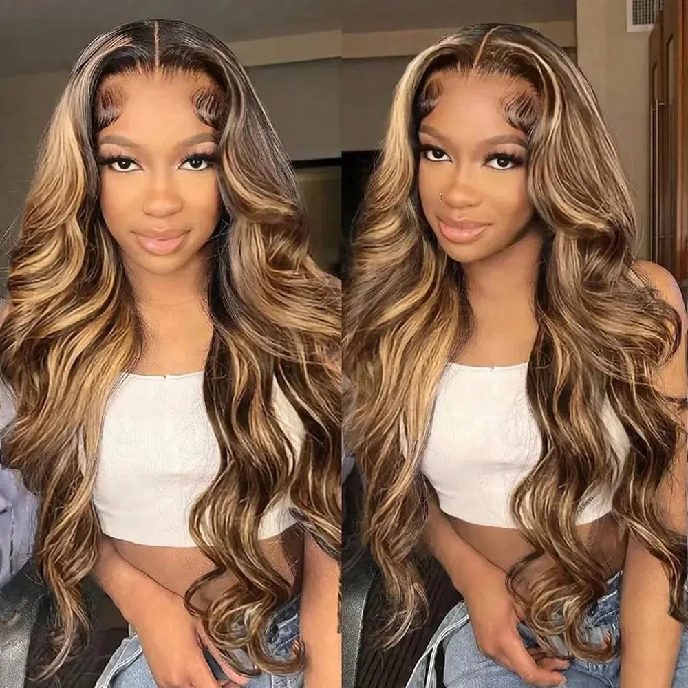 Honey Blonde Highlight Wig - Glueless Body Wave Lace Front Human Hair