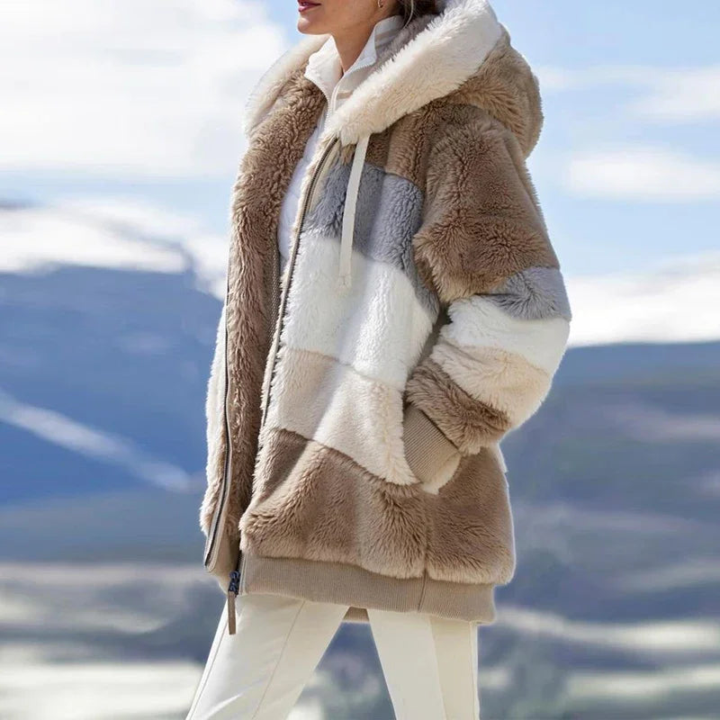 Women's Plaid Fleece Hooded Coat – Thick Zip-Up Winter Jacket