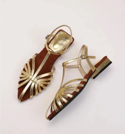 Women's Roman Strappy Sandals – Pointed Toe Low Heel T-Strap