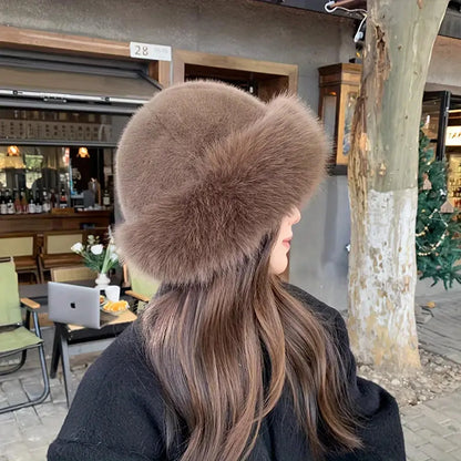Women's Fluffy Faux Fur Winter Hat - Warm Bucket Cap