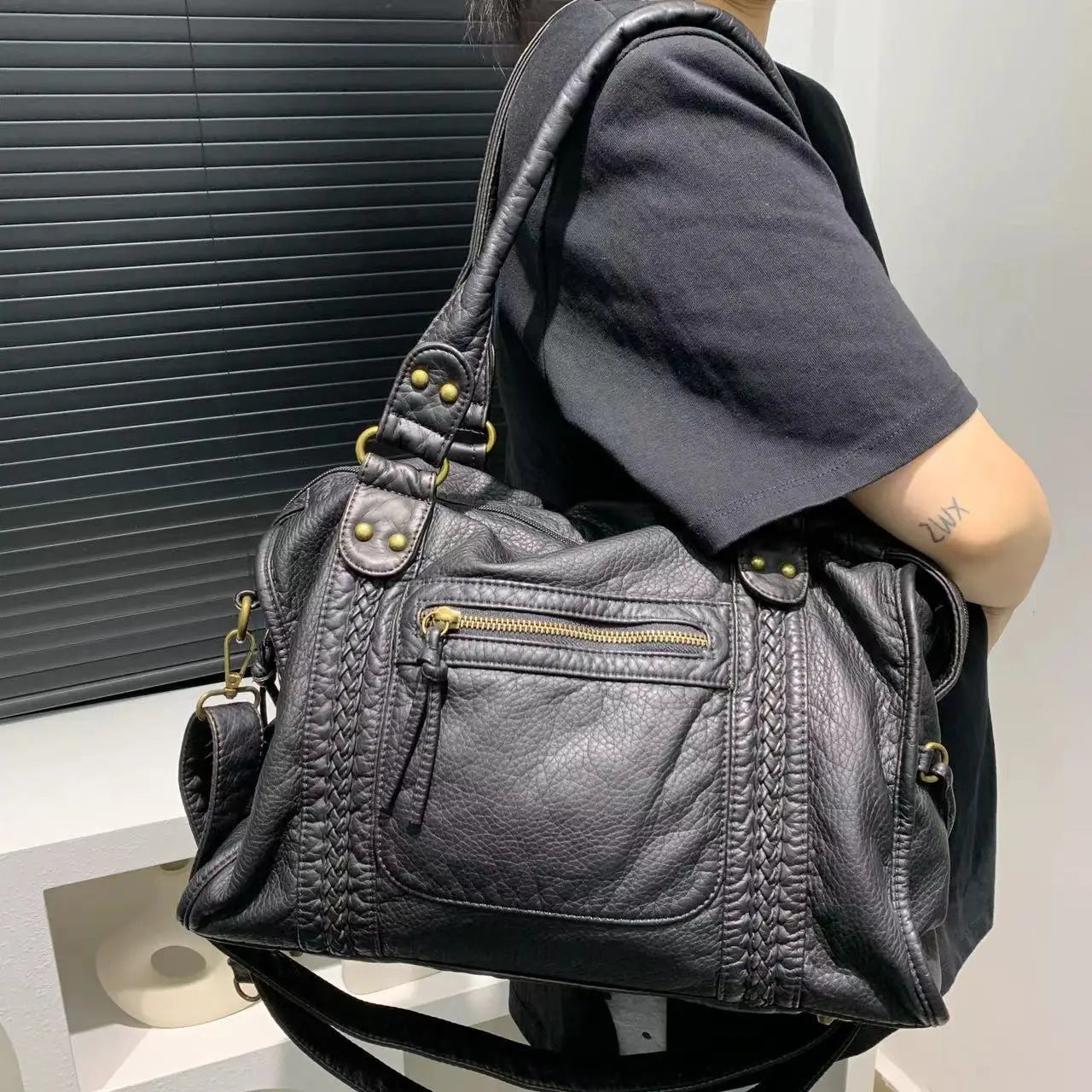 Y2K Washed Leather Shoulder Bag Large Capacity Crossbody