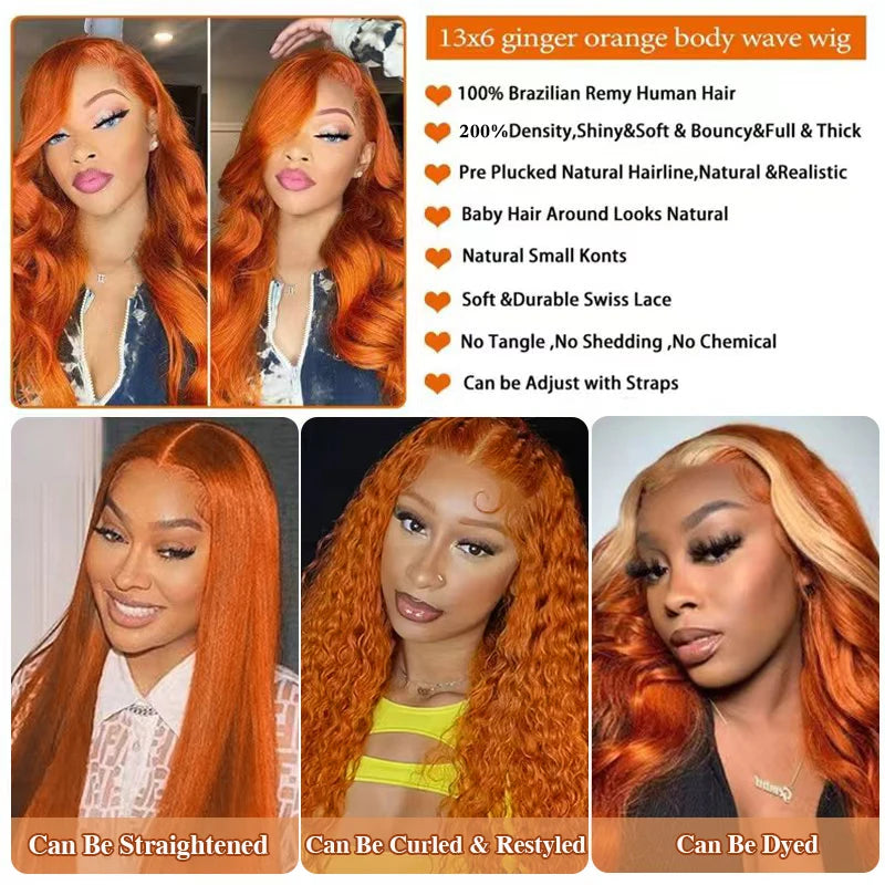 Ginger Orange Body Wave Lace Front Wig – Human Hair, Pre-Plucked